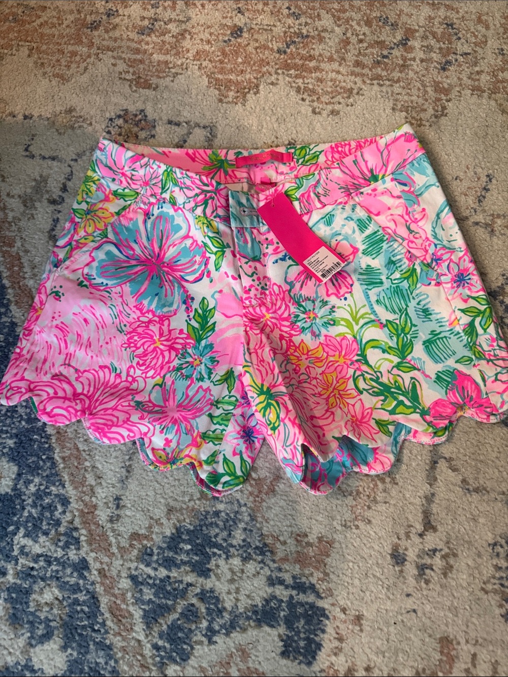 Lilly Pulitzer Pink Multicolor Floral Scallop-Hem High-Waist Shorts